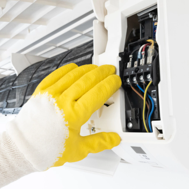 A technician checking an air conditioning unit